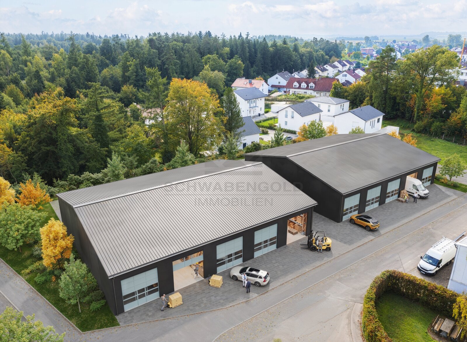 **Miete: Neubau moderner Gewerbe- und Lagerflächen im Gewerbepark Straß** (003-033) — Luftbildaufnahme / Visualisiert